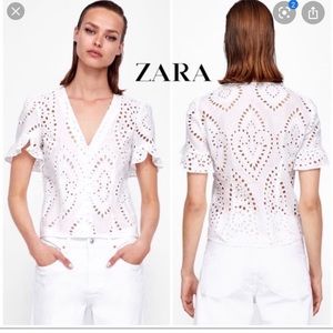 Zara white eyelet flutter sleeve blouse